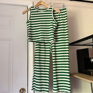 MANY MANY CLOTHES green white striped waffle thermal tank pants set